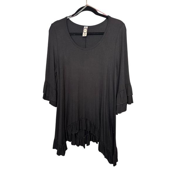 Honeyme Oversized Tunic Ruffle Hem Bohemian Black Top Size Small - Picture 1 of 7